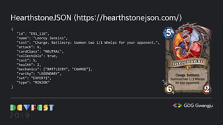 HearthstoneJSON (https://hearthstonejson.com/)
{
"id": "EX1_116",
"name": "Leeroy Jenkins",
"text": "Charge. Battlecry: Summon two 1/1 Whelps for your opponent.",
"attack": 6,
"cardClass": "NEUTRAL",
"collectible": true,
"cost": 5,
"health": 2,
"mechanics": ["BATTLECRY", "CHARGE"],
"rarity": "LEGENDARY",
"set": "EXPERT1",
"type": "MINION"
}
 