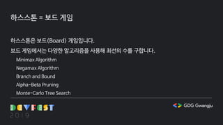 하스스톤 = 보드 게임
하스스톤은 보드(Board) 게임입니다.
보드 게임에서는 다양한 알고리즘을 사용해 최선의 수를 구합니다.
Minimax Algorithm
Negamax Algorithm
Branch and Bound
Alpha-Beta Pruning
Monte-Carlo Tree Search
 