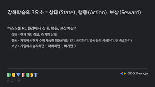 강화학습의 3요소 = 상태(State), 행동(Action), 보상(Reward)
하스스톤 RL 환경에서 상태, 행동, 보상이란?
상태 = 현재 게임 정보, 즉 게임 상태
행동 = 게임에서 현재 수행 가능한 행동(카드 내기, 공격하기, 영웅 능력 사용하기, 턴 종료하기)
보상 = 게임에서 승리하면 +, 패배하면 -, 비기면 0
 