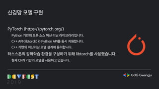 신경망 모델 구현
PyTorch (https://pytorch.org/)
Python 기반의 오픈 소스 머신 러닝 라이브러리입니다.
C++ API(libtorch)와 Python API를 동시 지원합니다.
C++ 기반의 머신러닝 모델 설계에 용이합니다.
하스스톤의 강화학습 환경을 구성하기 위해 libtorch를 사용했습니다.
현재 CNN 기반의 모델을 사용하고 있습니다.
 
