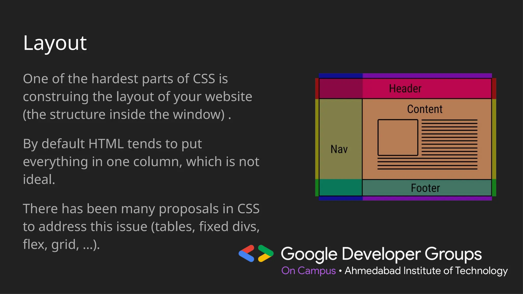Layout
One of the hardest parts of CSS is
construing the layout of your website
(the structure inside the window) .
By default HTML tends to put
everything in one column, which is not
ideal.
There has been many proposals in CSS
to address this issue (tables, fixed divs,
flex, grid, …).
 