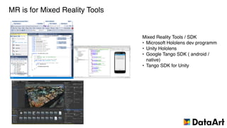 MR is for Mixed Reality Tools
Mixed Reality Tools / SDK
• Microsoft Hololens dev programm
• Unity Hololens
• Google Tango SDK ( android /
native)
• Tango SDK for Unity
 