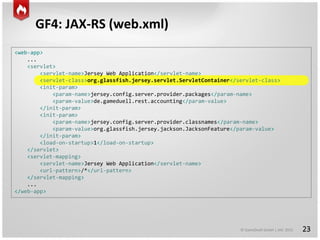 © GameDuell GmbH | JAX 2015
GF4: JAX-RS (web.xml)
23
<web-app>
...
<servlet>
<servlet-name>Jersey Web Application</servlet-name>
<servlet-class>org.glassfish.jersey.servlet.ServletContainer</servlet-class>
<init-param>
<param-name>jersey.config.server.provider.packages</param-name>
<param-value>de.gameduell.rest.accounting</param-value>
</init-param>
<init-param>
<param-name>jersey.config.server.provider.classnames</param-name>
<param-value>org.glassfish.jersey.jackson.JacksonFeature</param-value>
</init-param>
<load-on-startup>1</load-on-startup>
</servlet>
<servlet-mapping>
<servlet-name>Jersey Web Application</servlet-name>
<url-pattern>/*</url-pattern>
</servlet-mapping>
...
</web-app>
 
