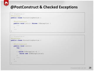 © GameDuell GmbH | JAX 2015
@PostConstruct & Checked Exceptions
28
// Glassfish-3
@Stateless
public class AccountingService {
@PostConstruct
public void init() throws IOException {
...
}
...
}
// Glassfish-4
@Stateless
public class AccountingService {
@PostConstruct
public void init(){
try {
...
} catch(IOException e) {
throw new EJBException(e);
}
...
}
...
}
 