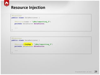 © GameDuell GmbH | JAX 2015
Resource Injection
29
@Stateless
public class DataRetriever {
@Resource(name = "jdbc/reporting_3")
private DataSource dataSource;
...
}
@Stateless
public class DataRetriever {
@Resource(lookup = "jdbc/reporting_3")
private DataSource dataSource;
...
}
 