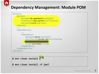 © GameDuell GmbH | JAX 2015
Dependency Management: Module POM
5
<project>
<parent>
<groupId>de.gameduell</groupId>
<artifactId>jee-parent</artifactId>
<version>2.8.0</version>
</parent>
...
<dependencies>
...
<dependency>
<groupId>javax</groupId>
<artifactId>javaee-api</artifactId>
<version>6.0</version>
<scope>provided</scope>
</dependency>
</dependencies>
</project>
$ mvn clean install
$ mvn clean install –P jee7
 