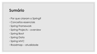 Sumário
◦ Por que criaram o Spring?
◦ Conceitos essenciais
◦ Spring Framework
◦ Spring Projects – overview
◦ Spring Boot
◦ Spring Data
◦ Spring MVC
◦ Roadmap – atualidade
 