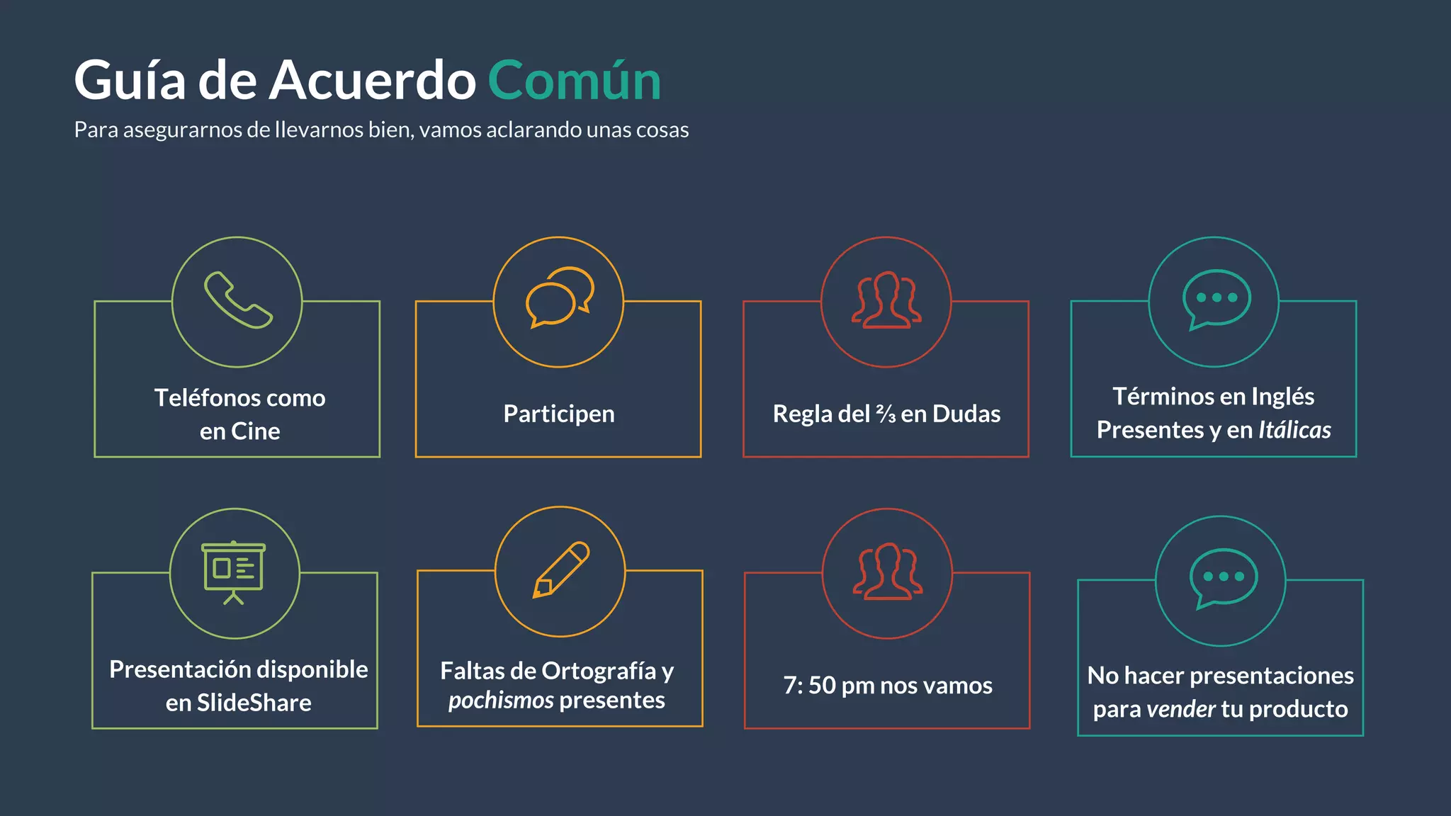 Teléfonos como
en Cine
Participen Regla del ⅔ en Dudas
Términos en Inglés
Presentes y en Itálicas
Presentación disponible
en SlideShare
Guía de Acuerdo Común
Para asegurarnos de llevarnos bien, vamos aclarando unas cosas
Faltas de Ortografía y
pochismos presentes
7: 50 pm nos vamos No hacer presentaciones
para vender tu producto
 