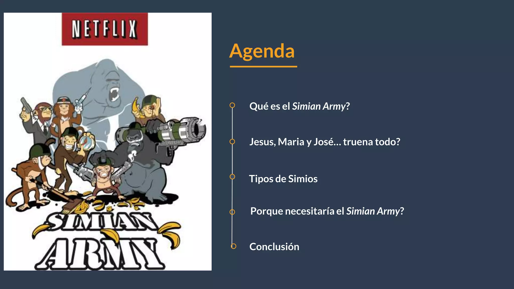 Agenda
Qué es el Simian Army?
Jesus, Maria y José… truena todo?
Conclusión
Porque necesitaría el Simian Army?
Tipos de Simios
 