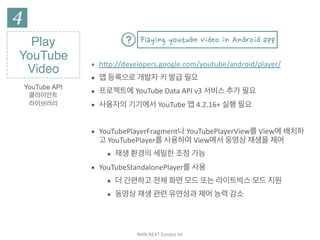NHN	NEXT	Eunjoo	Im
▪ http://developers.google.com/youtube/android/player/	
▪ 앱	등록으로	개발자	키	발급	필요	
▪ 프로젝트에	YouTube	Data	API	v3	서비스	추가	필요	
▪ 사용자의	기기에서	YouTube	앱	4.2.16+	실행	필요	
▪ YouTubePlayerFragment나	YouTubePlayerView를	View에	배치하
고	YouTubePlayer를	사용하여	View에서	동영상	재생을	제어	
▪ 재생	환경의	세밀한	조정	가능	
▪ YouTubeStandalonePlayer를	사용	
▪ 더	간편하고	전체	화면	모드	또는	라이트박스	모드	지원	
▪ 동영상	재생	관련	유연성과	제어	능력	감소
Play
YouTube
Video
YouTube API
클라이언트
라이브러리
Playing youtube video in Android app
 