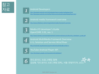 NHN	NEXT	Eunjoo	Im
참고 
자료 http://developer.android.com/intl/ko/guide/topics/media/mediaplayer.html	
http://developer.android.com/intl/ko/reference/android/media/MediaPlayer.html	
Android	Developers
http://www.slideshare.net/jerrinsg/android-media-framework-overview
Android	media	framework	overview
http://www.netmite.com/android/mydroid/2.0/external/opencore/doc/mio_developers_guide.pdf
Media	I/O	developer’s	Guide	
OpenCORE	2.02,	rev.	1
http://markmail.org/download.xqy?id=obl5o53uo3is5hoi&number=1
Android	MultiMedia	Framwork	Overview	
Li	Li,	Solution	and	Service	Wind	River
http://developers.google.com/youtube/android/player/
YouTube	Android	Player	API
안드로이드	프로그래밍	정복	
김상형.	『안드로이드	프로그래밍	정복』.	서울:	한빛미디어,	2013.
 
