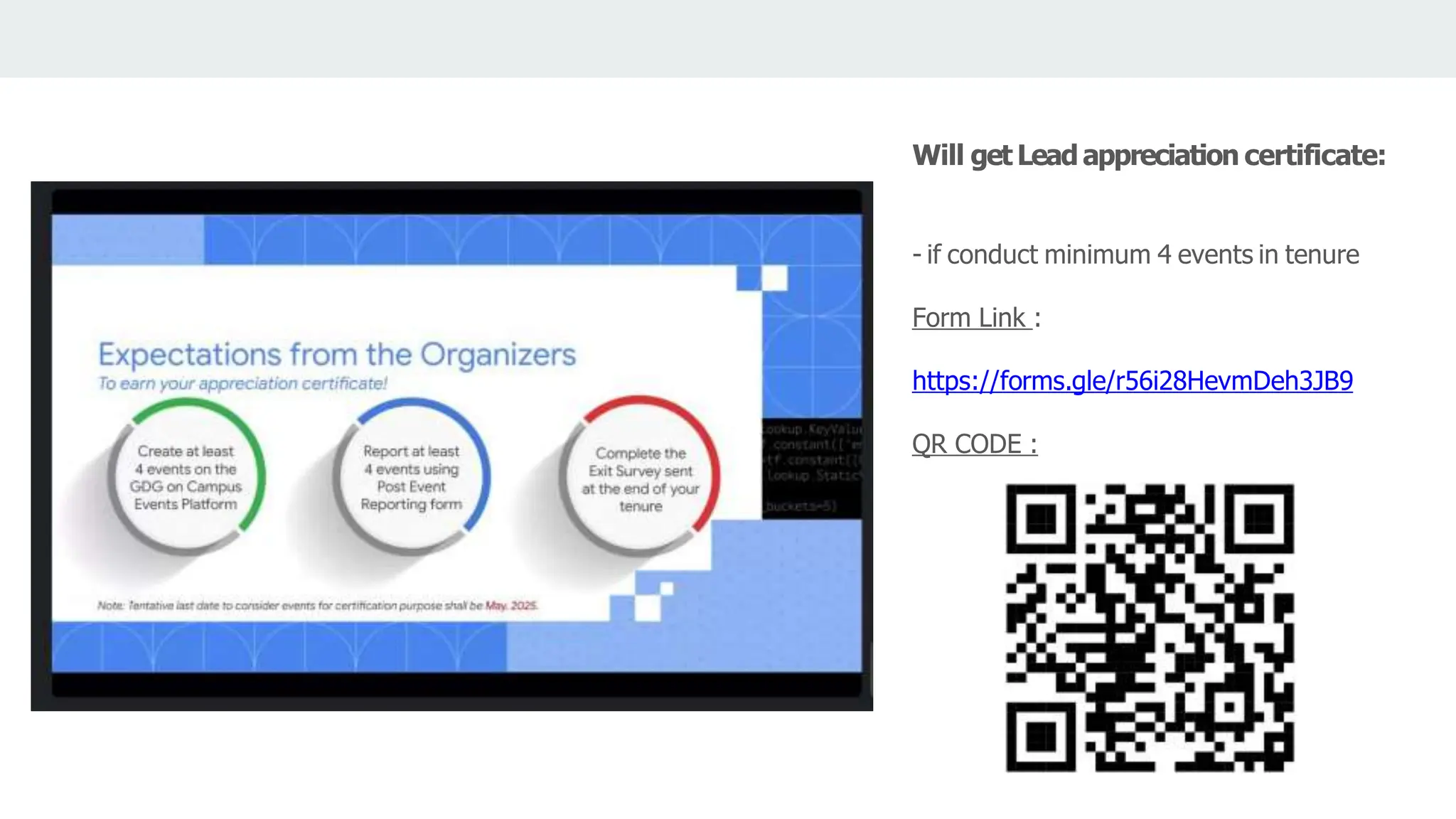 Will get Leadappreciation certificate:
- if conduct minimum 4 events in tenure
Form Link :
https://forms.gle/r56i28HevmDeh3JB9
QR CODE :
 