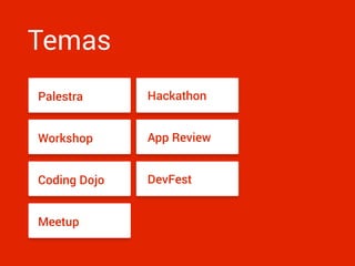 Temas
Hackathon
App Review
DevFest
Palestra
Workshop
Coding Dojo
Meetup
 