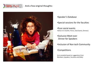 And a Few original thoughts:



                               •Speaker’s Database

                               •Special sessions for the faculties

                               •Pure social events
                               •(Once in 6 months: Picnic, Club Events, Dinners)


                               •Exclusive Meet over
                                Dinner for Speakers

                               •Inclusion of Non tech Community

                               •Competitions

                               (List compiled based on suggestions from
                               Members, Speakers, Faculties and GSAs)
 
