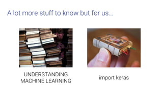 A lot more stuff to know but for us...
UNDERSTANDING
MACHINE LEARNING
import keras
 