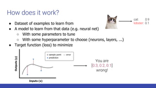 How does it work?
● Dataset of examples to learn from
● A model to learn from that data (e.g. neural net)
○ With some parameters to tune
○ With some hyperparameter to choose (neurons, layers, ...)
● Target function (loss) to minimize
cat: 0.9
lobster: 0.1
You are
[0.3, 0.2, 0.1]
wrong!
 