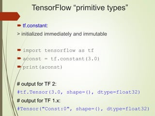 TensorFlow “primitive types”
 tf.constant:
> initialized immediately and immutable
 import tensorflow as tf
 aconst = tf.constant(3.0)
 print(aconst)
# output for TF 2:
#tf.Tensor(3.0, shape=(), dtype=float32)
# output for TF 1.x:
#Tensor("Const:0", shape=(), dtype=float32)
 