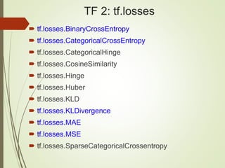 TF 2: tf.losses
 tf.losses.BinaryCrossEntropy
 tf.losses.CategoricalCrossEntropy
 tf.losses.CategoricalHinge
 tf.losses.CosineSimilarity
 tf.losses.Hinge
 tf.losses.Huber
 tf.losses.KLD
 tf.losses.KLDivergence
 tf.losses.MAE
 tf.losses.MSE
 tf.losses.SparseCategoricalCrossentropy
 