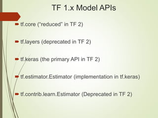TF 1.x Model APIs
 tf.core (“reduced” in TF 2)
 tf.layers (deprecated in TF 2)
 tf.keras (the primary API in TF 2)
 tf.estimator.Estimator (implementation in tf.keras)
 tf.contrib.learn.Estimator (Deprecated in TF 2)
 