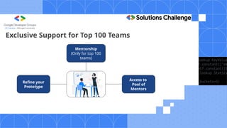 Exclusive Support for Top 100 Teams
Mentorship
(Only for top 100
teams)
Access to
Pool of
Mentors
Refine your
Prototype
 