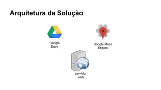 Arquitetura da Solução 
servidor 
web 
Google 
Drive 
Google Maps 
Engine 
 