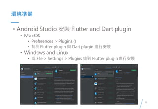 10
Presented By: Duran Hsieh
ʱ
? Android Studio b Flutter and Dart plugin
? MacOS
? Preferences > Plugins ()
? ҵ Flutter plugin c Dart plugin Mаb
? Windows and Linux
?  File > Settings > Plugins ҵ Flutter plugin Mаb
 