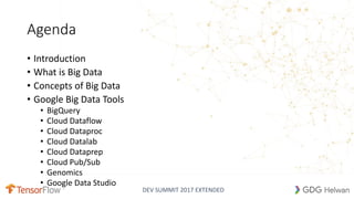 DEV SUMMIT 2017 EXTENDED
Agenda
• Introduction
• What is Big Data
• Concepts of Big Data
• Google Big Data Tools
• BigQuery
• Cloud Dataflow
• Cloud Dataproc
• Cloud Datalab
• Cloud Dataprep
• Cloud Pub/Sub
• Genomics
• Google Data Studio
 