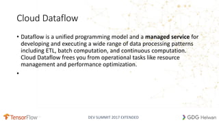 DEV SUMMIT 2017 EXTENDED
Cloud Dataflow
• Dataflow is a unified programming model and a managed service for
developing and executing a wide range of data processing patterns
including ETL, batch computation, and continuous computation.
Cloud Dataflow frees you from operational tasks like resource
management and performance optimization.
•
 