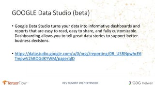 DEV SUMMIT 2017 EXTENDED
GOOGLE Data Studio (beta)
• Google Data Studio turns your data into informative dashboards and
reports that are easy to read, easy to share, and fully customizable.
Dashboarding allows you to tell great data stories to support better
business decisions.
• https://datastudio.google.com/u/0/org//reporting/0B_U5RNpwhcE6
TmpwV2hBOGdKYWM/page/qlD
 