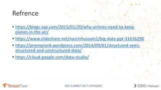 DEV SUMMIT 2017 EXTENDED
Refrence
• https://blogs.sap.com/2015/01/20/why-airlines-need-to-keep-
planes-in-the-air/
• https://www.slideshare.net/nasrinhussain1/big-data-ppt-31616290
• https://jeremyronk.wordpress.com/2014/09/01/structured-semi-
structured-and-unstructured-data/
• https://cloud.google.com/data-studio/
 