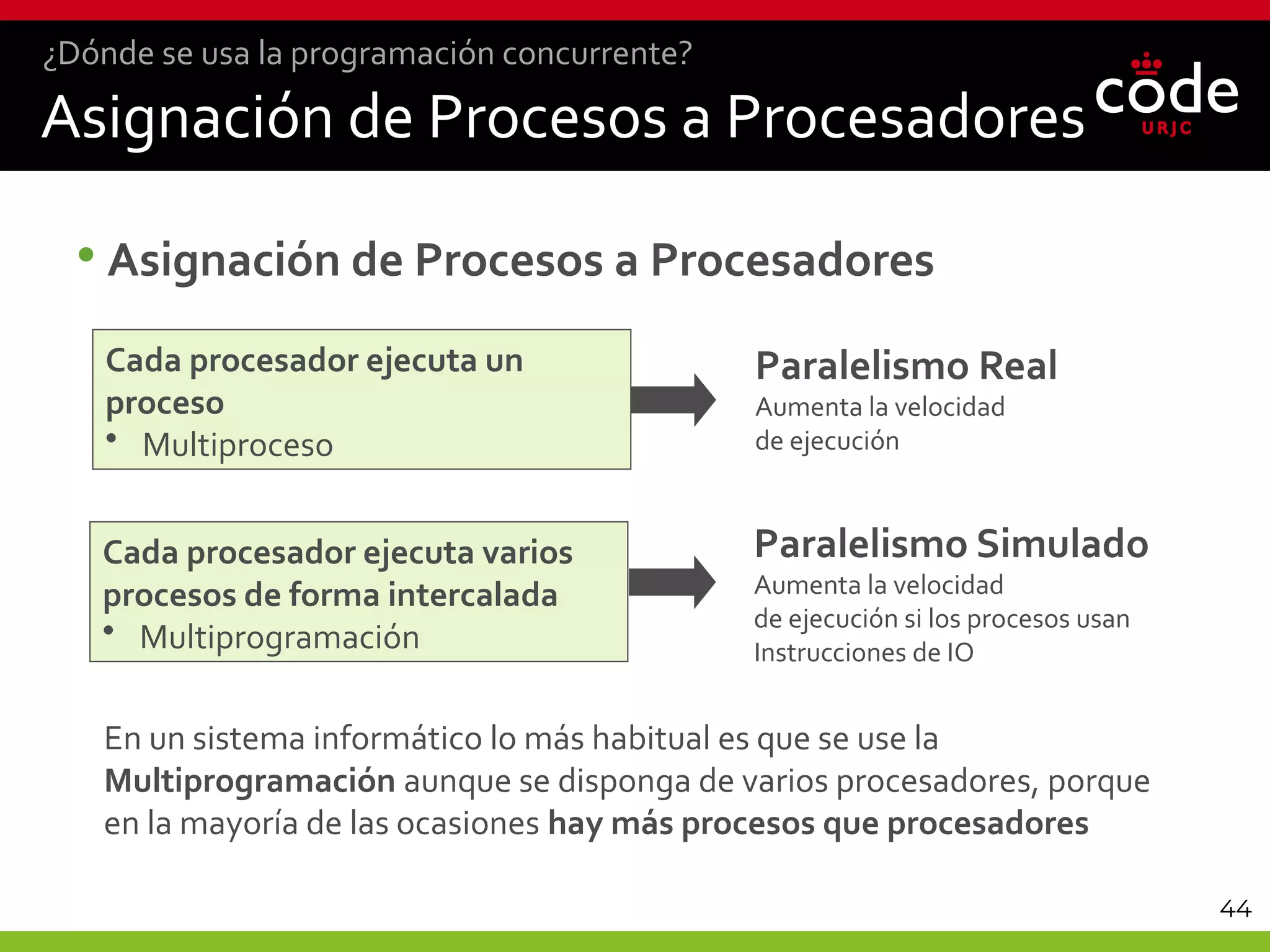 44
Asignación de Procesos a Procesadores
•Asignación de Procesos a Procesadores
¿Dónde se usa la programación concurrente?
Paralelismo Real
Aumenta la velocidad
de ejecución
Paralelismo Simulado
Aumenta la velocidad
de ejecución si los procesos usan
Instrucciones de IO
En un sistema informático lo más habitual es que se use la
Multiprogramación aunque se disponga de varios procesadores, porque
en la mayoría de las ocasiones hay más procesos que procesadores
Cada procesador ejecuta un
proceso
• Multiproceso
Cada procesador ejecuta varios
procesos de forma intercalada
• Multiprogramación
 