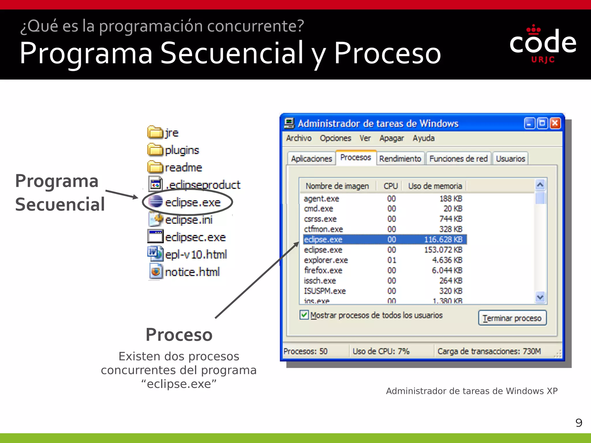 9
Programa Secuencial y Proceso
¿Qué es la programación concurrente?
Programa
Secuencial
Proceso
Existen dos procesos
concurrentes del programa
“eclipse.exe”
Administrador de tareas de Windows XP
 