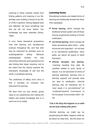 6/18
Autobiographical Methodologies e-Book. Edited by CIAPE – Centro Italiano per l’apprendimento permanente.
Learning in these contexts results from
finding patterns and meaning in our life,
perhaps even building a theory of our life,
or of life in general. Having stepped back
and reflected, we know something now
that we did not know before. Our
knowledge has been extended (Olney,
1980).
In sum, these theoretical propositions
hold that learning and development
continue throughout life, and that both
may be enhanced by activities such as
autobiographical writing. Because
autobiography involves not only
recounting memories and expressions but
also finding their larger meaning, and to
the extent that the activity expands the
individual’s knowledge of self and the
world, it constitutes learning.
The usefulness of telling one’s story is
that it provides an occasion and
instrument for learning.
We learn from our own stories, giving
value to our experiences and making the
hidden and implicit knowledge that is in
each one of us visible.
Learning forms
Educational contexts and related forms of
learning are traditionally divided into three
main typologies:
• formal learning, which includes the
traditional school system and all those
training programmes leading to formal
certification;
• non-formal learning, which includes all
those educational paths which – while
structured and organized – do not lead
to an educational qualification. Such
paths are above all typical of Adult
Education.;
• informal education and learning,
“Learning resulting from daily life
activities related to work, family or
leisure. It is not structured (in terms of
learning objectives, learning time or
learning support) and typically does
not lead to certification. Informal
learning may be intentional but in
most cases it is non-intentional” (or
“incidental”/random). Commission of
the European Communities (2001: 32-
33)
"Life is the thing that happens to us while
we are busy making other plans.”
Informal learning, we might say by
paraphrasing De Mello, happens while we
go about our daily lives. But this does not
 