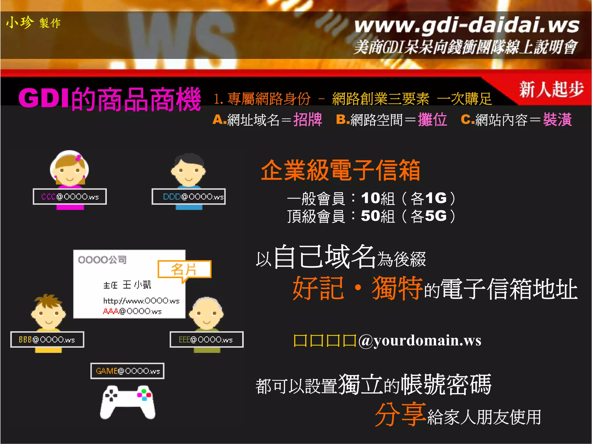 小珍 製作




 GDI的商品商機   1.專屬網路身份 - 網路創業三要素 一次購足
            A.網址域名＝招牌   B.網路空間＝攤位 C.網站內容＝裝潢



               企業級電子信箱
                   一般會員：10組（各1G）
                   頂級會員：50組（各5G）

               以自己域名為後綴
                 好記‧獨特的電子信箱地址
                   口口口口@yourdomain.ws

               都可以設置獨立的帳號密碼
                           分享給家人朋友使用
 