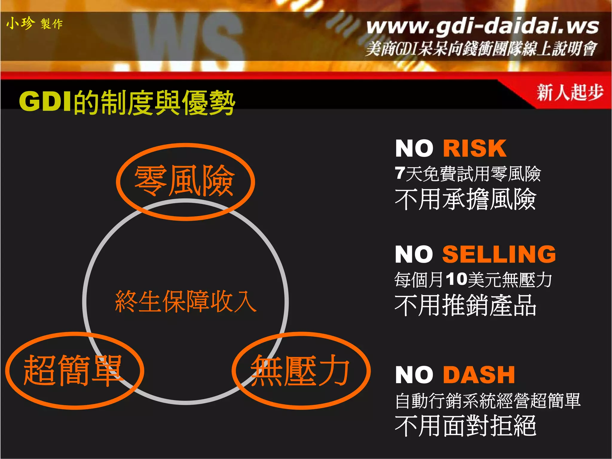 小珍 製作




 GDI的制度與優勢
                    NO RISK
                    7天免費試用零風險
        零風險         不用承擔風險

                    NO SELLING
                    每個月10美元無壓力
        終生保障收入      不用推銷產品

 超簡單          無壓力   NO DASH
                    自動行銷系統經營超簡單
                    不用面對拒絕
 