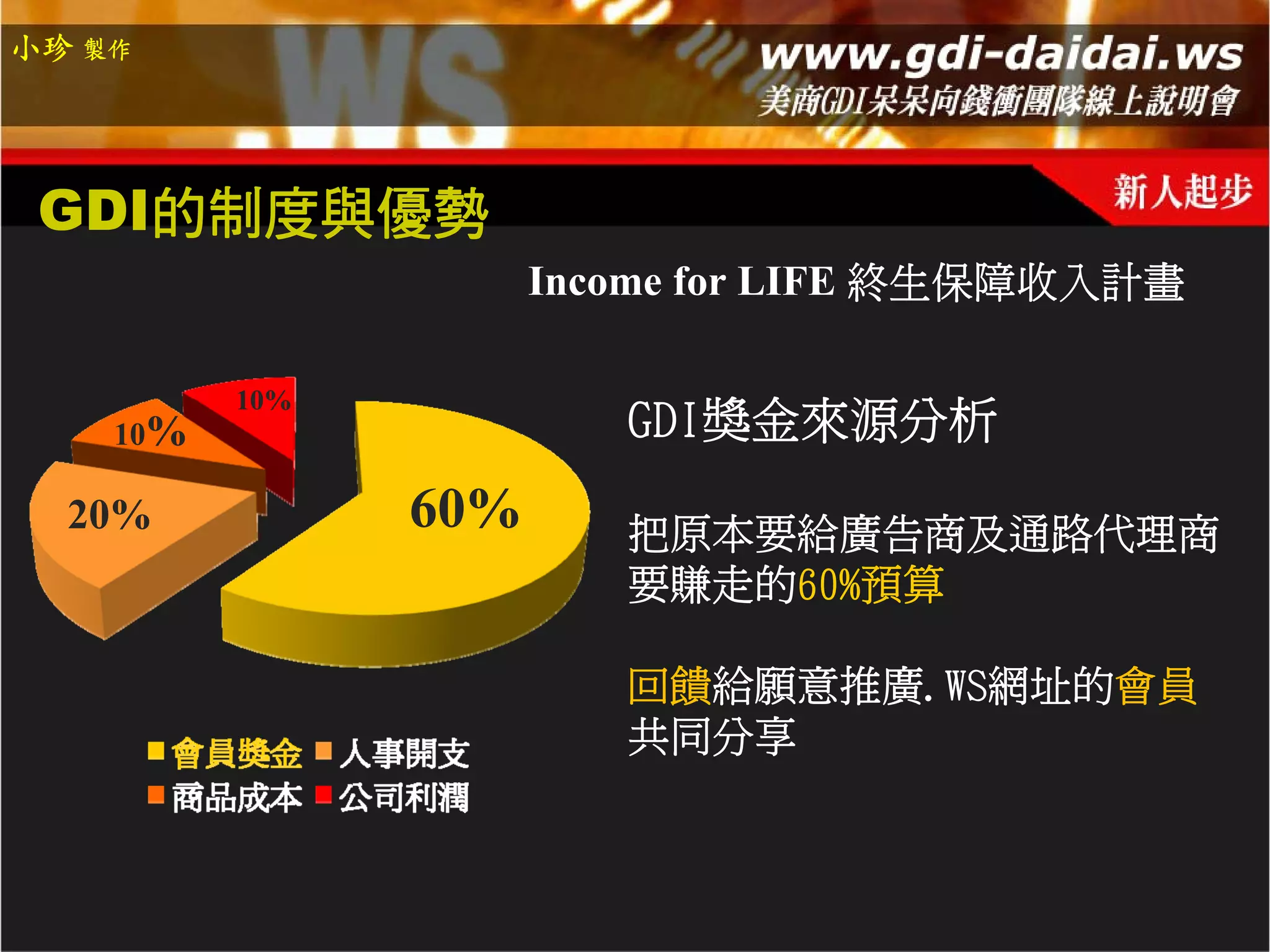 小珍 製作




 GDI的制度與優勢
                      Income for LIFE 終生保障收入計畫

          10%
    10%                  GDI獎金來源分析
  20%           60%      把原本要給廣告商及通路代理商
                         要賺走的60%預算

                         回饋給願意推廣.WS網址的會員
                         共同分享
 