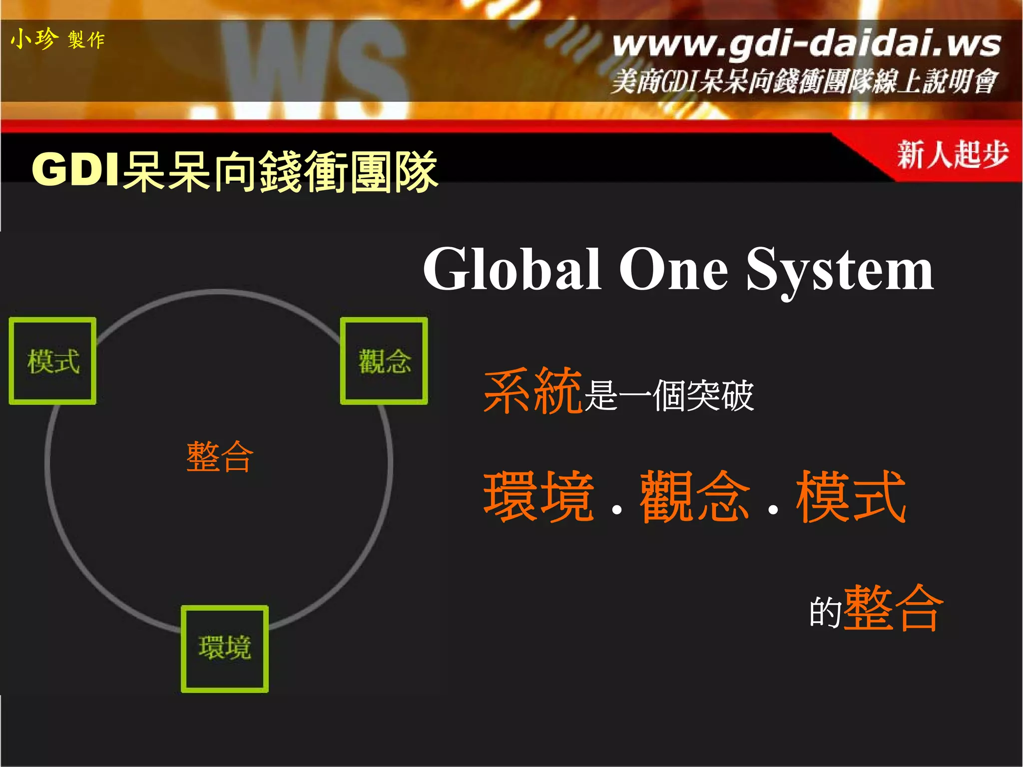 小珍 製作




 GDI呆呆向錢衝團隊

             Global One System
              系統是一個突破
        整合
              環境 . 觀念 . 模式
                         的整合
 