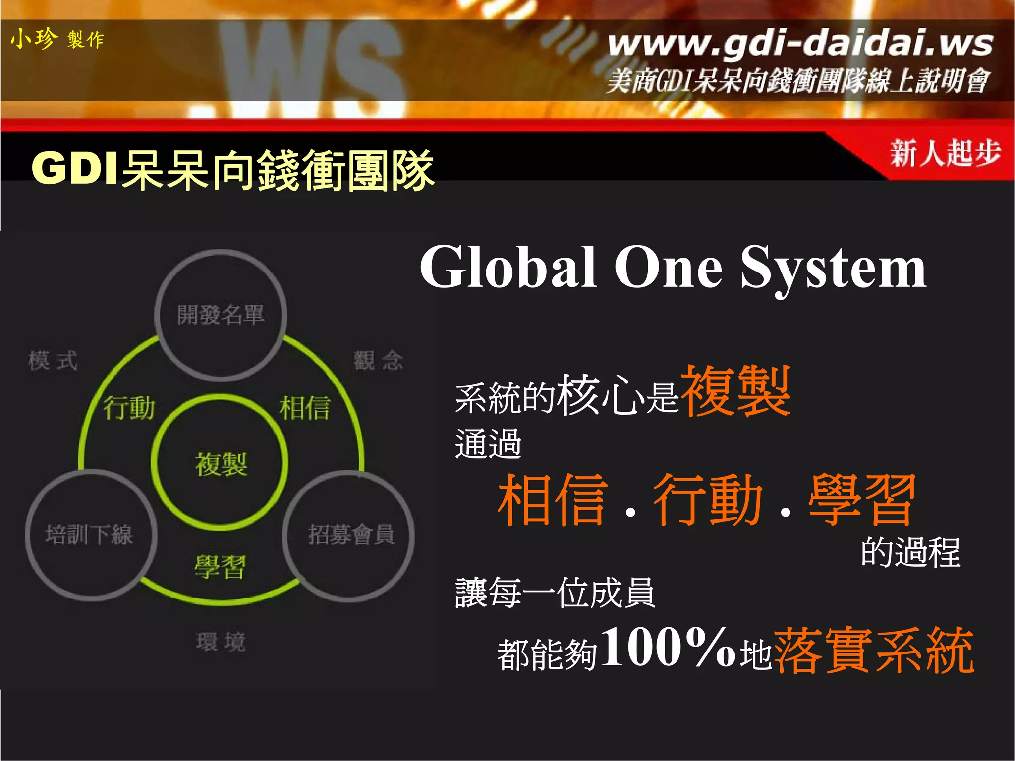 小珍 製作




 GDI呆呆向錢衝團隊

          Global One System
              系統的核心是   複製
              通過
               相信 . 行動 . 學習
                            的過程
              讓每一位成員
               都能夠100%地落實系統
 