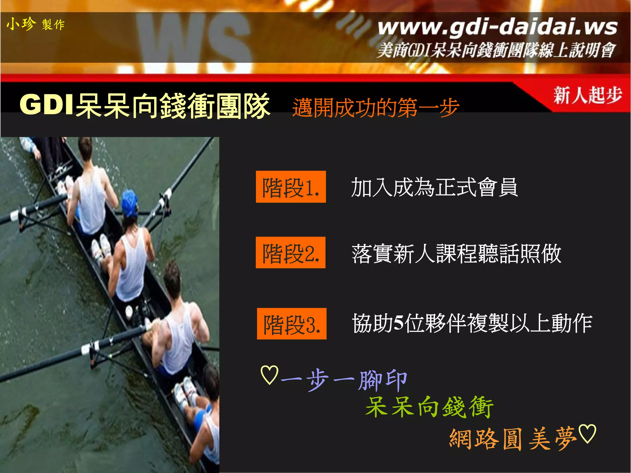 小珍 製作




 GDI呆呆向錢衝團隊   邁開成功的第一步


          階段1.   加入成為正式會員


          階段2.   落實新人課程聽話照做


          階段3.   協助5位夥伴複製以上動作

          ♡一步一腳印
                 呆呆向錢衝
                    網路圓美夢♡
 