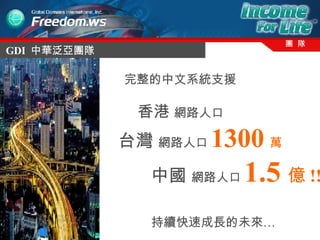 GDI  中華泛亞團隊 團  隊 完整的中文系統支援 香港  網路人口 台灣  網路人口 1300 萬 中國  網路人口 1.5 億 !! 持續快速成長的未來…   