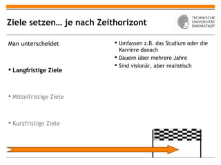 Ziele setzen… je nach Zeithorizont

Man unterscheidet          Umfassen z.B. das Studium oder die
                            Karriere danach
                           Dauern über mehrere Jahre
                           Sind visionär, aber realistisch
 Langfristige Ziele



 Mittelfristige Ziele



 Kurzfristige Ziele
 