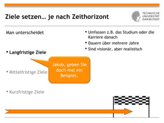 Ziele setzen… je nach Zeithorizont

Man unterscheidet                        Umfassen z.B. das Studium oder die
                                          Karriere danach
                                         Dauern über mehrere Jahre
                                         Sind visionär, aber realistisch
 Langfristige Ziele

                         Jakob, geben Sie
 Mittelfristige Ziele     doch mal ein
                             Beispiel.


 Kurzfristige Ziele
 