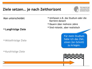 Ziele setzen… je nach Zeithorizont

Man unterscheidet          Umfassen z.B. das Studium oder die
                            Karriere danach
                           Dauern über mehrere Jahre
                           Sind visionär, aber realistisch
 Langfristige Ziele

                                         Für mein Studium
 Mittelfristige Ziele                   habe ich das Ziel,
                                         einen 2er-Schnitt
                                            zu kriegen.

 Kurzfristige Ziele
 