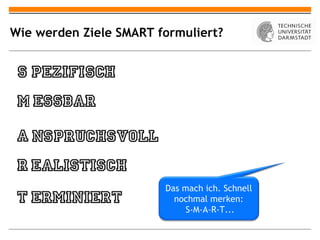 Wie werden Ziele SMART formuliert?




                        Das mach ich. Schnell
                          nochmal merken:
                             S-M-A-R-T...
 
