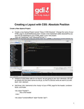 Class 3 create an absolute layout with css abs position (aptana) | PDF