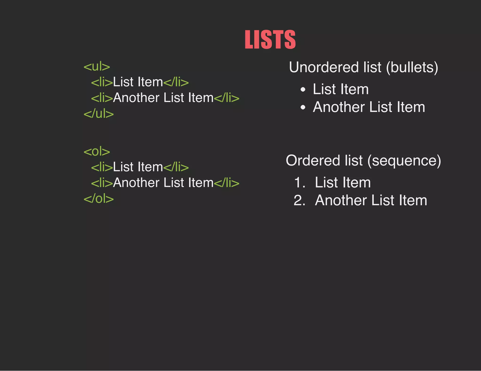 <ul>
<li>List Item</li>
<li>Another List Item</li>
</ul>
<ol>
<li>List Item</li>
<li>Another List Item</li>
</ol>
Unordered list (bullets)
List Item
Another List Item
Ordered list (sequence)
1. List Item
2. Another List Item
LISTS
 