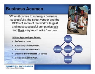 Business Acumen
 “When it comes to running a business
  successfully, the street vendor and the
   CEOs of some of the world’s largest
   and most successful companies talk
   and think very much alike.” Ram Charan

   5-Step Approach per Driver:
   •  Define the driver.
   •  Know why it is important.
   •  Know how we measure it.
   •  Discover our numbers (& comp).
   •  Create an Action Plan.
 