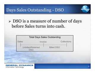Days Sales Outstanding - DSO

 Ø    DSO is a measure of number of days
       before Sales turns into cash.

                   Total Days Sales Outstanding
         Sales                   Invoice                Collections

             Unbilled/Retained             Billed DSO
                    DSO




                                                                      21
 