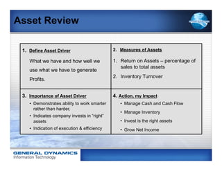 Asset Review

 1. Define Asset Driver                       2.  Measures of Assets

    What we have and how well we              1.  Return on Assets – percentage of
                                                  sales to total assets
    use what we have to generate
                                              2.  Inventory Turnover
    Profits.


 3. Importance of Asset Driver                4. Action, my Impact
    •  Demonstrates ability to work smarter      •  Manage Cash and Cash Flow
       rather than harder.
                                                 •  Manage Inventory
    •  Indicates company invests in “right”
       assets                                    •  Invest is the right assets
    •  Indication of execution & efficiency      •  Grow Net Income
 