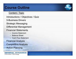 Course Outline
  Content / Topic
Introductions / Objectives / Quiz
5-Business Drivers
Strategic Messaging
Differential Management
Financial Statements
   –  Income Statement
   –  Balance Sheet
   –  Cash Flow Statement
Financial Analysis
Competitive Analysis
Action Planning
 